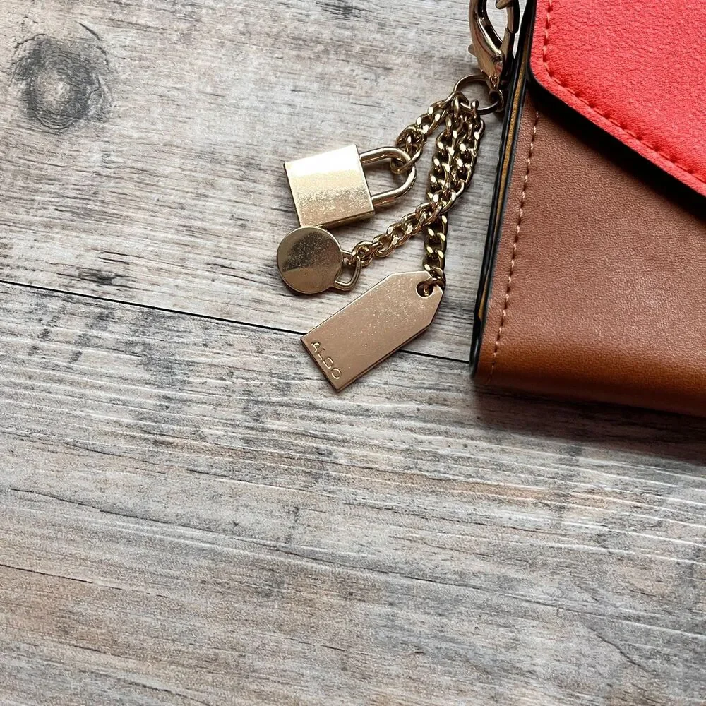 ALDO Leather Wallet Orange Brown Colorblock Chain Accent Compact Chic Fold